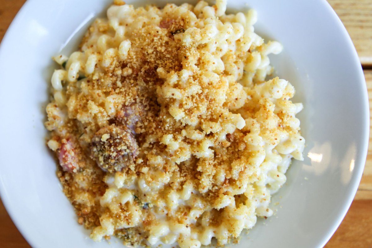 A serving of creamy baked mac and cheese