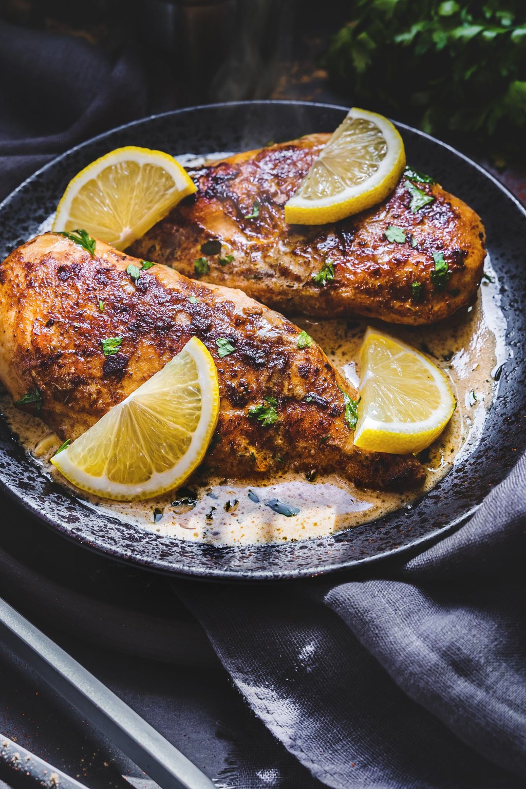 Close up of lemony chicken piccata