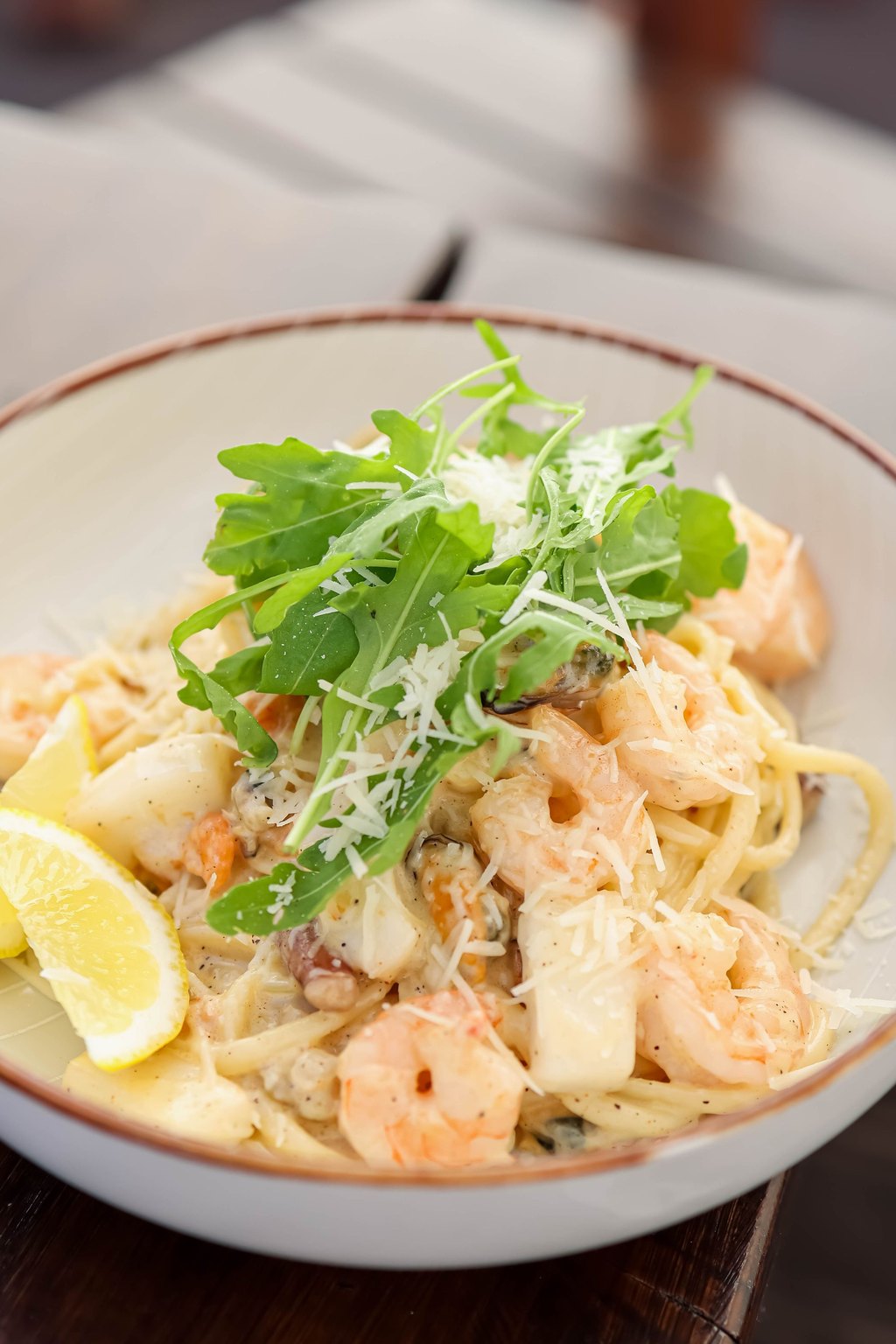 Close up of one pot lemon garlic shrimp pasta