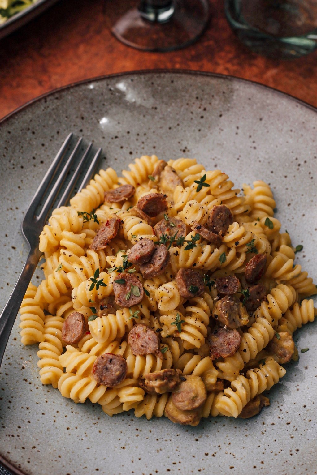 Close up of one pot sausage and peppers pasta