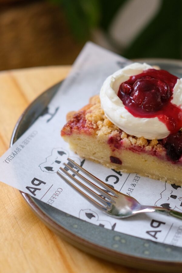 Close up of cherry pineapple dump cake