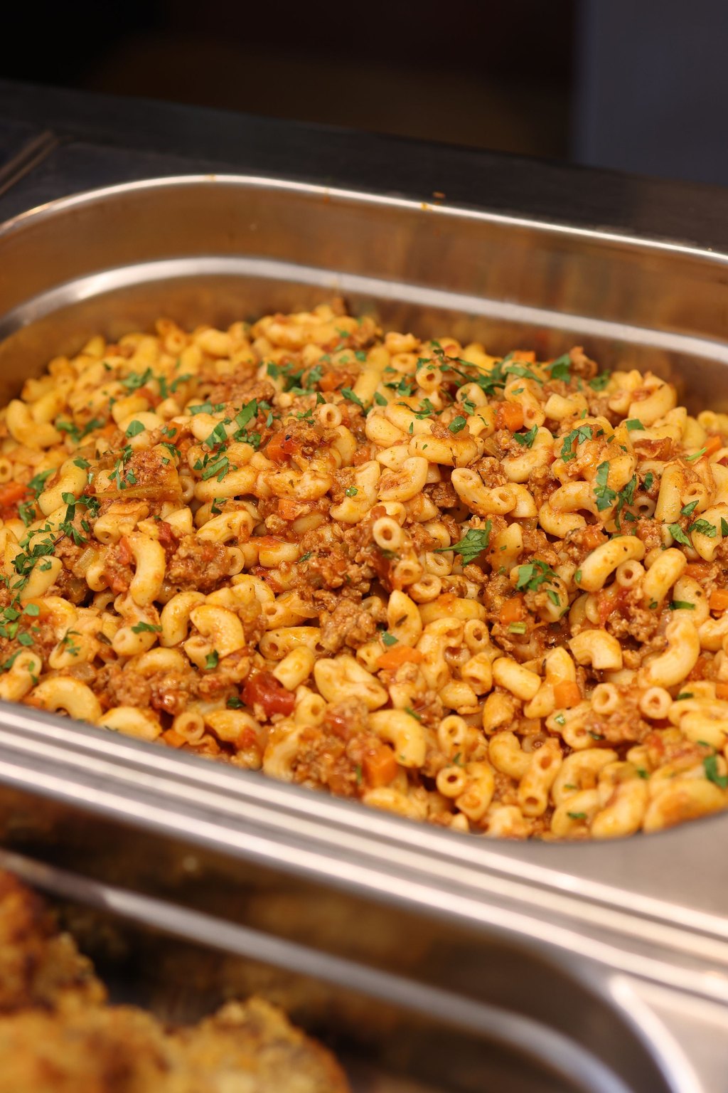 Close up of baked macaroni and cheese