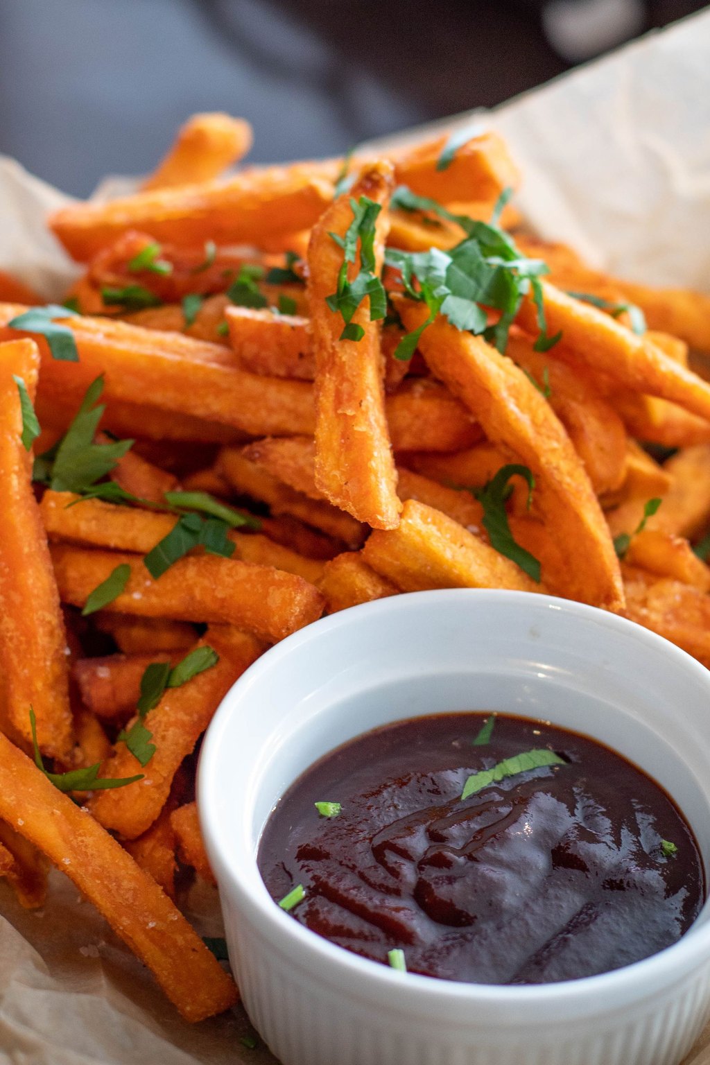 Close up of baked sweet potato fries