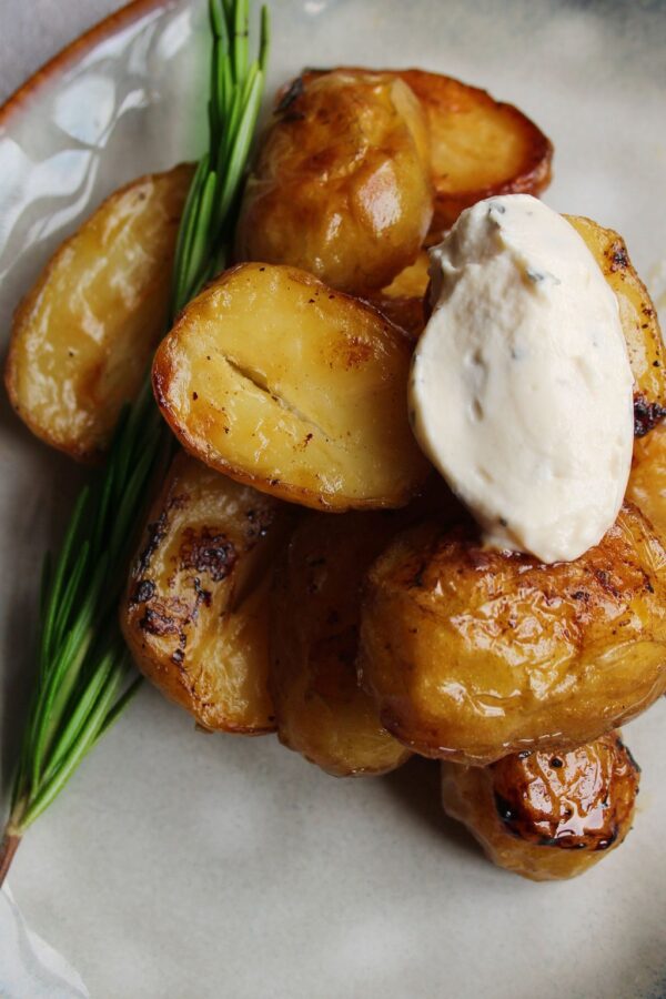 Close up of crispy smashed potatoes