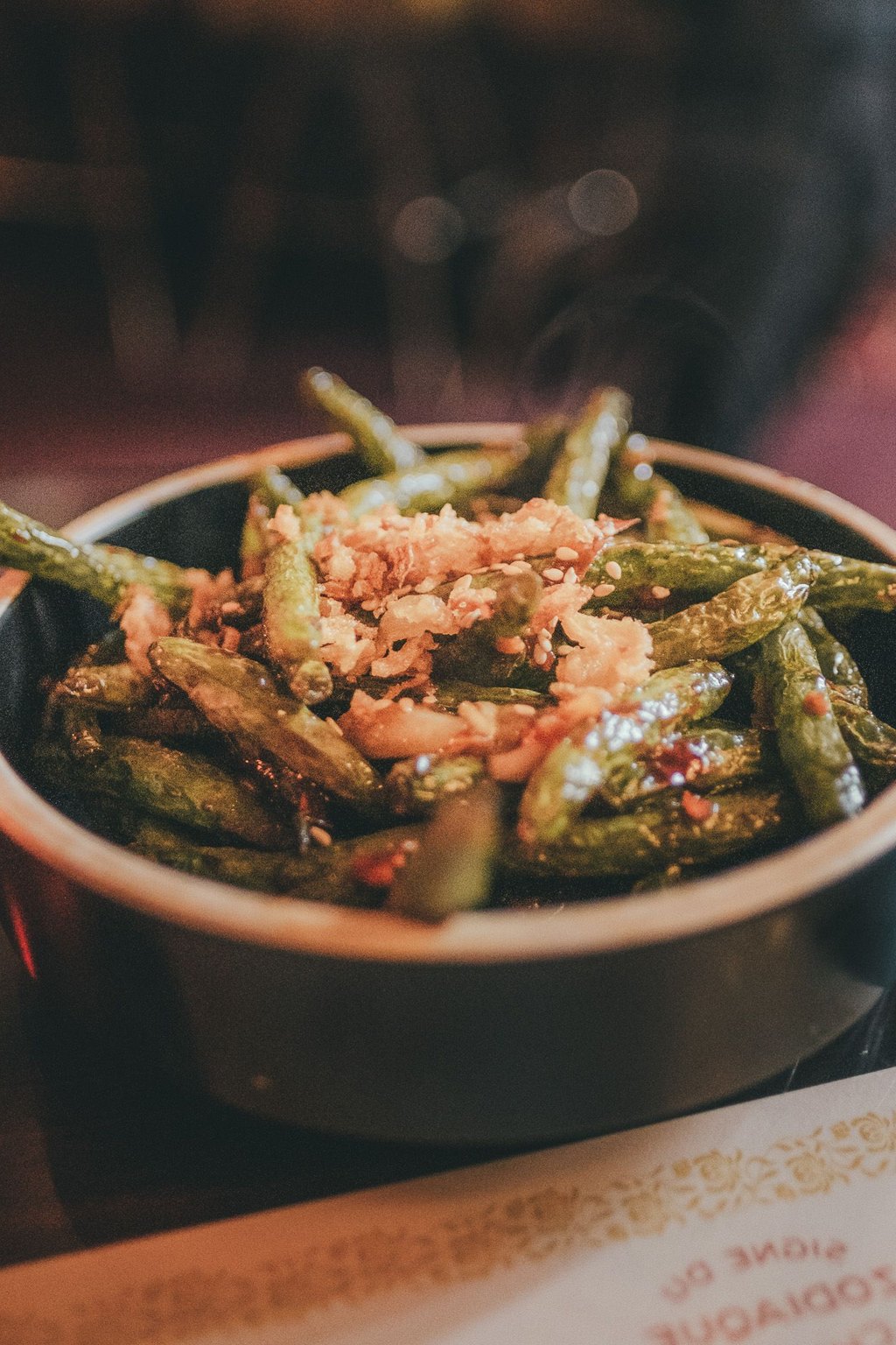 Close up of garlic green beans
