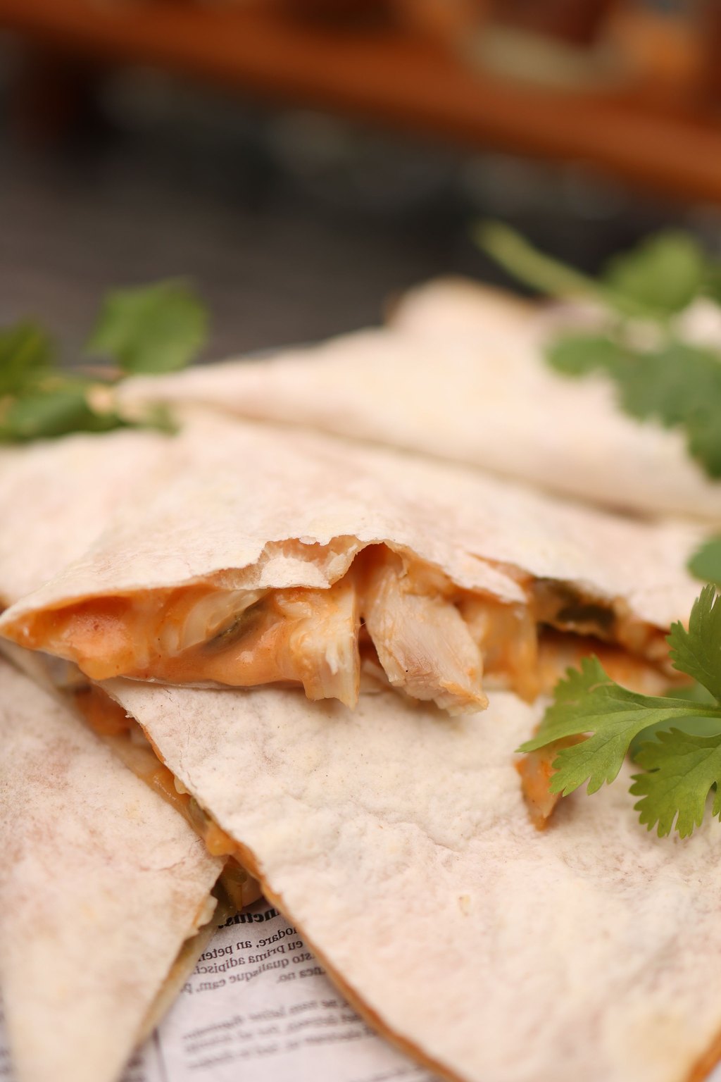 Close up of cheesy chicken quesadillas