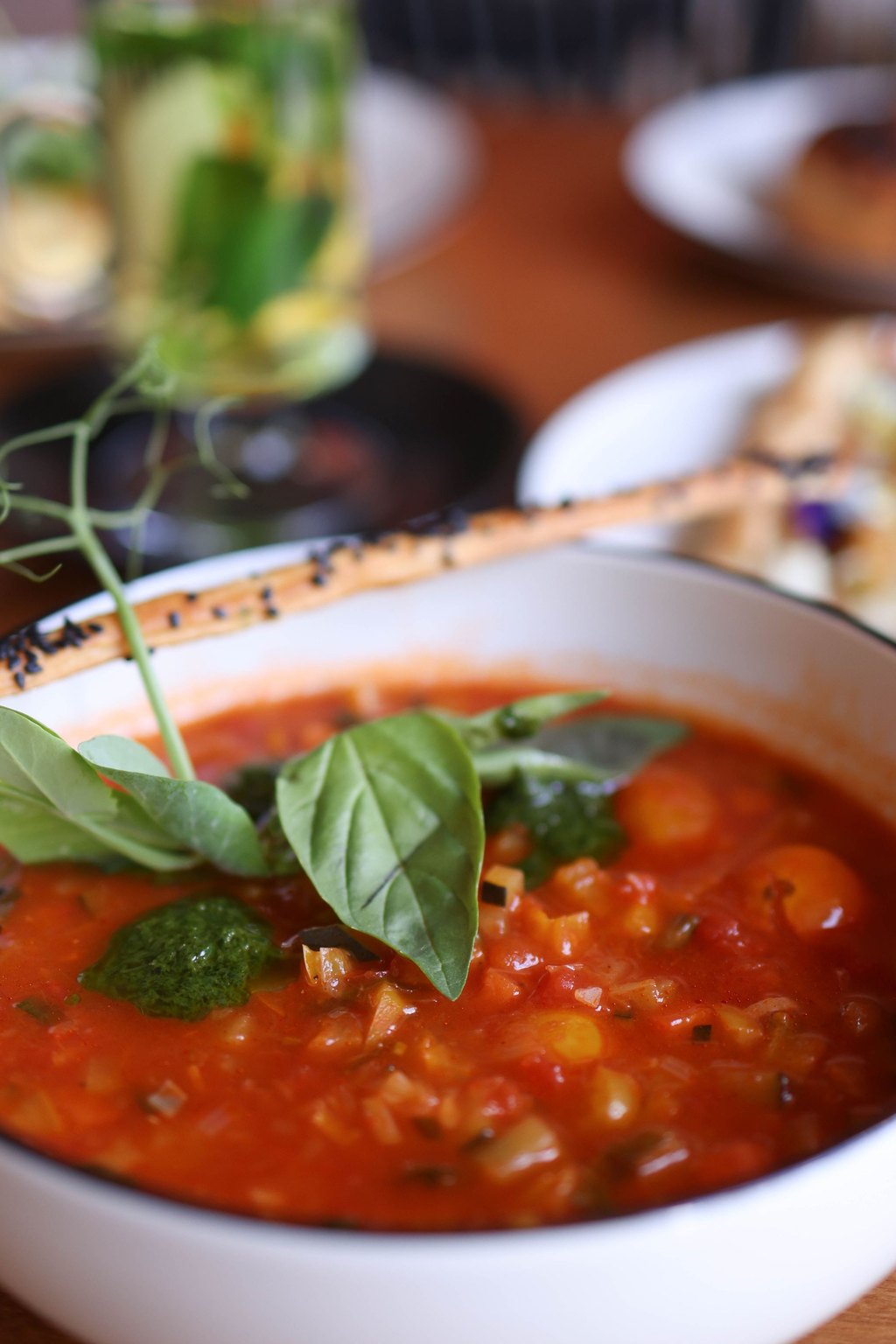 Close up of hearty minestrone soup
