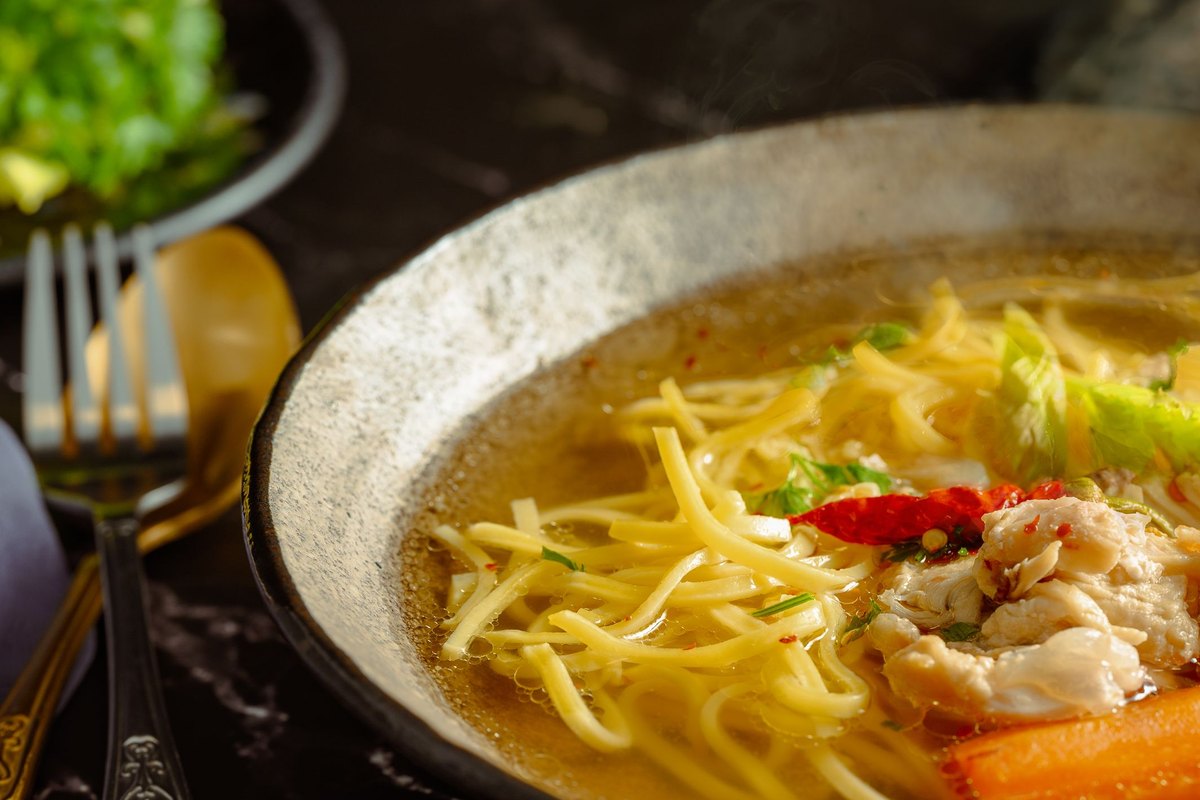 A serving of old fashioned chicken noodle soup