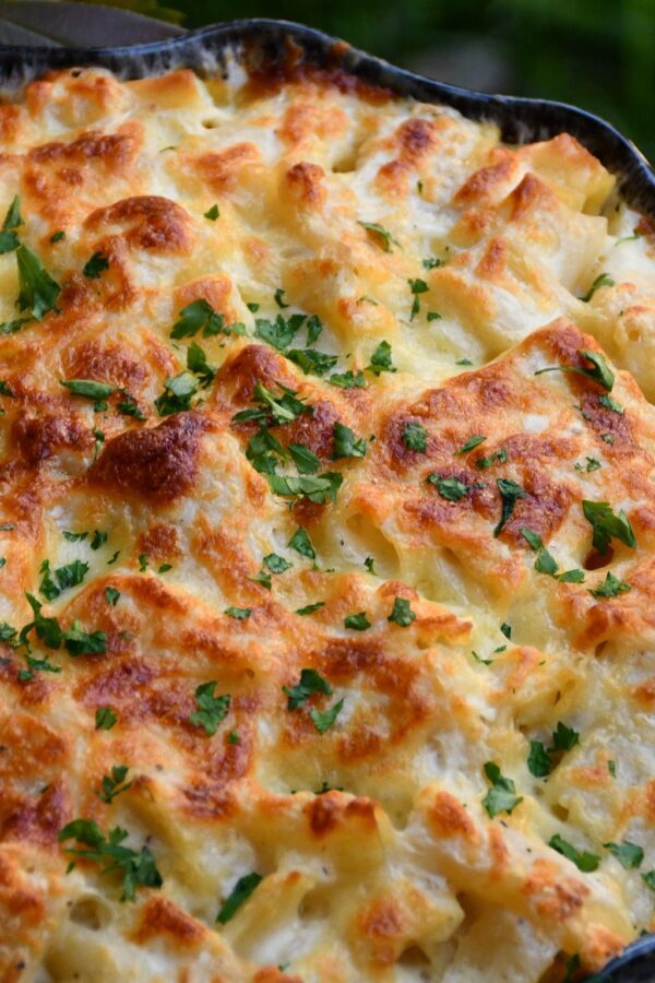 Close up of cheesy baked ziti