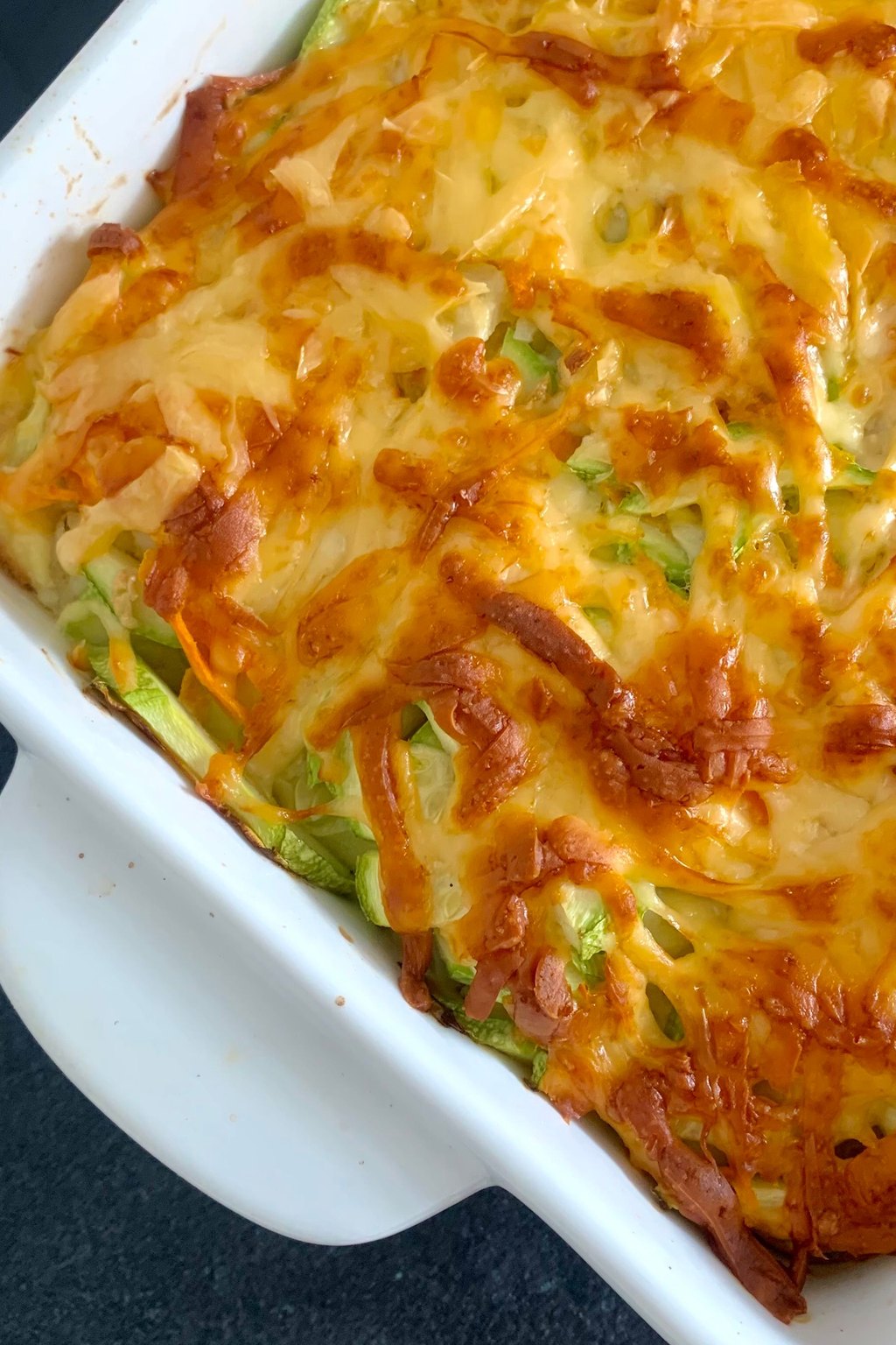 Close up of cheesy hash brown casserole