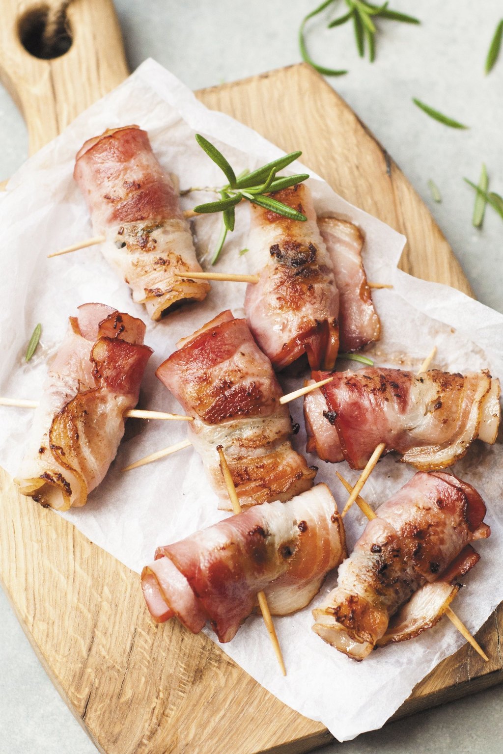 Close up of bacon wrapped stuffed dates