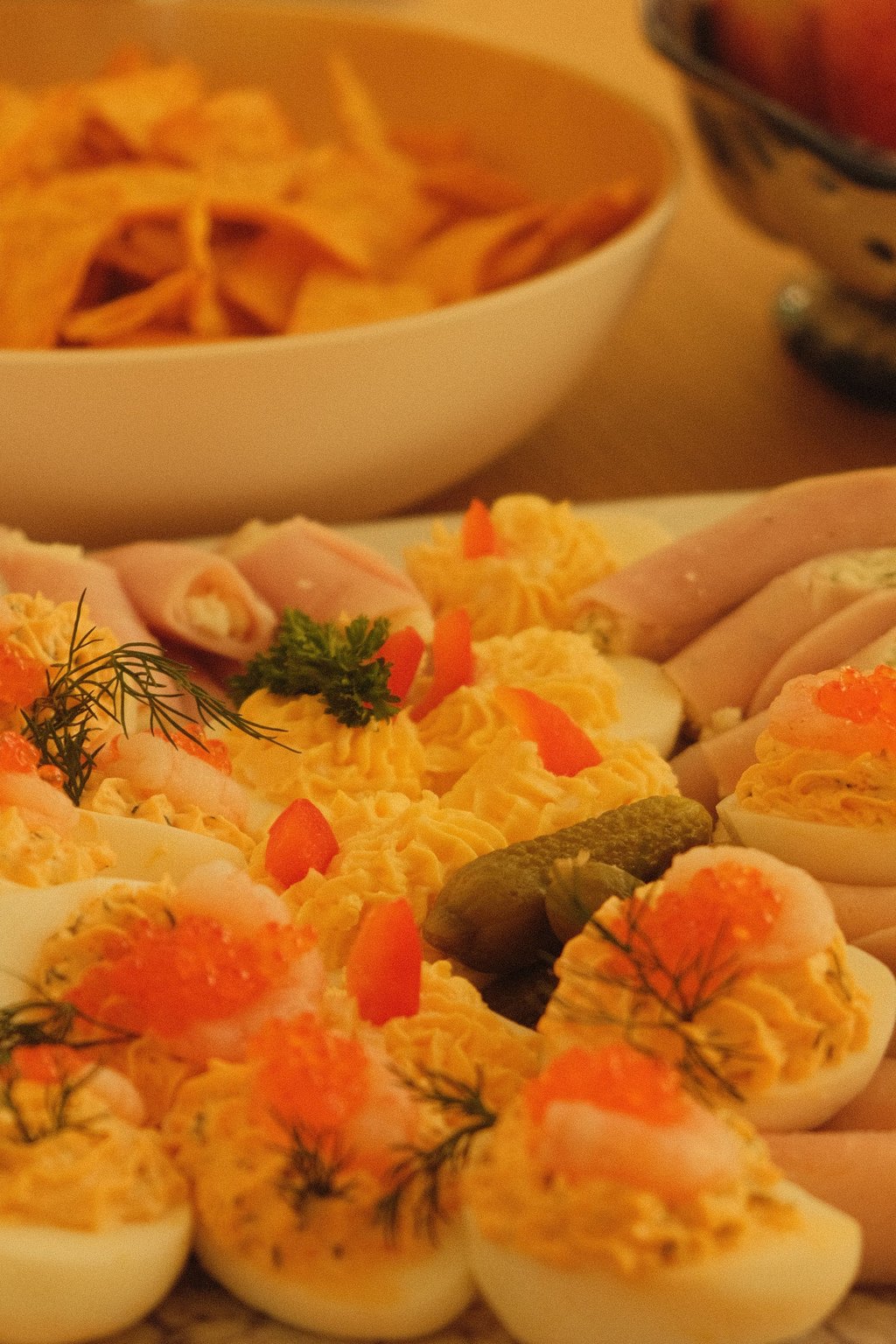 Close up of classic deviled eggs