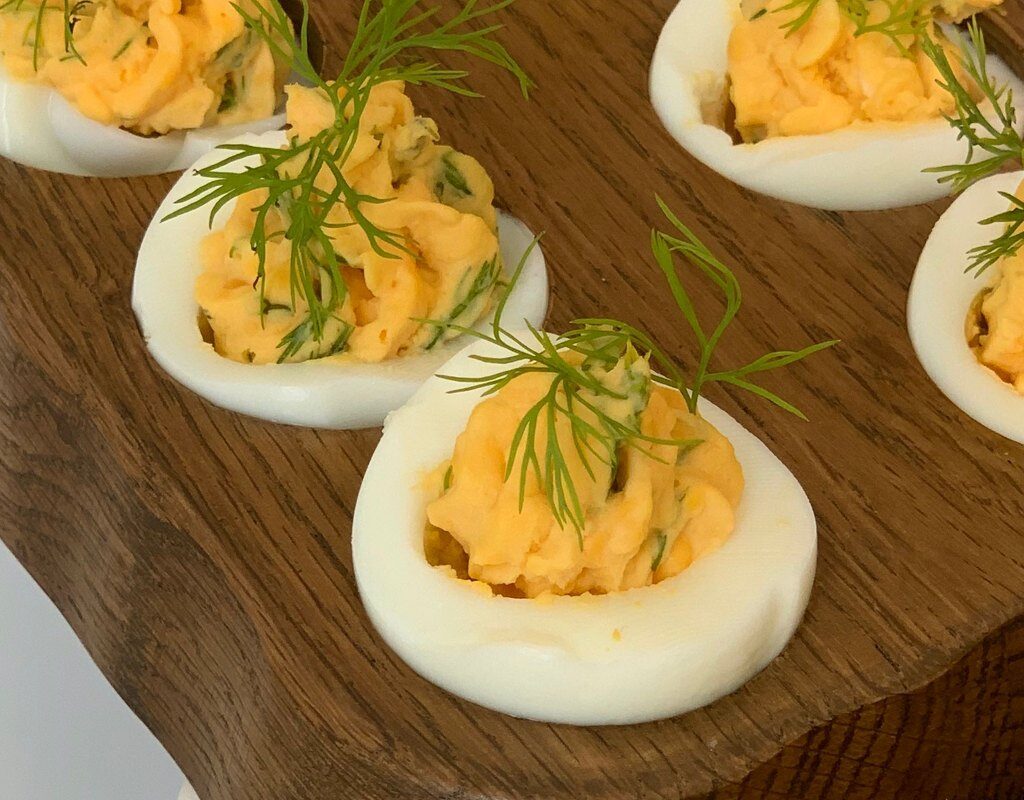 Close up of classic deviled eggs