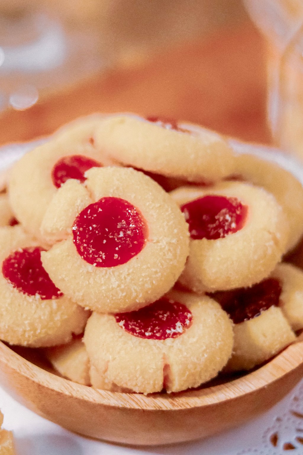 Close up of jam thumbprint cookies