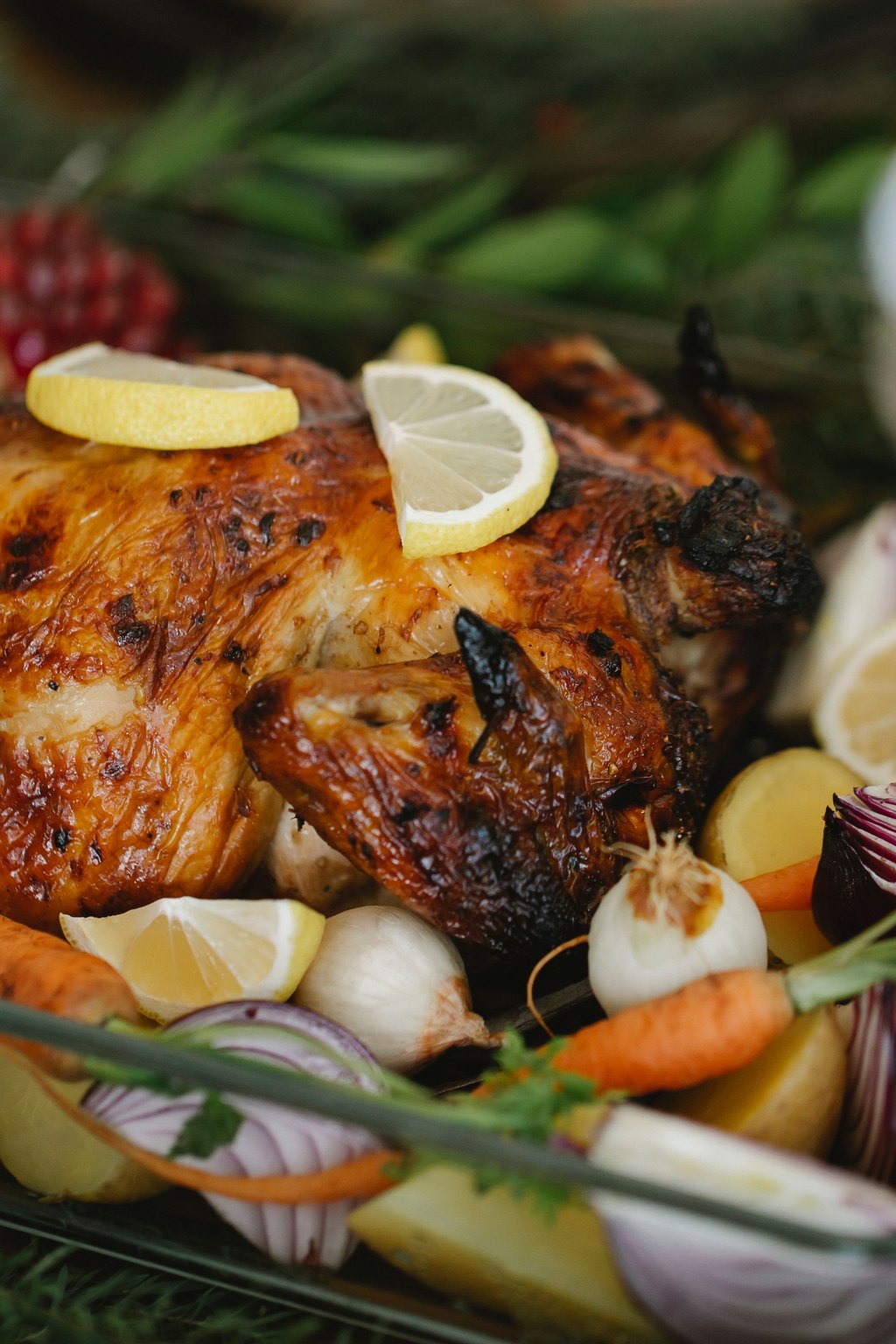 Close up of lemon herb chicken with root vegetables