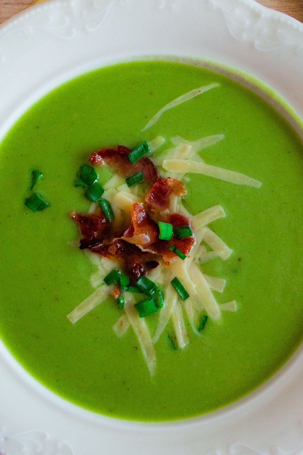 Close up of split pea soup with ham