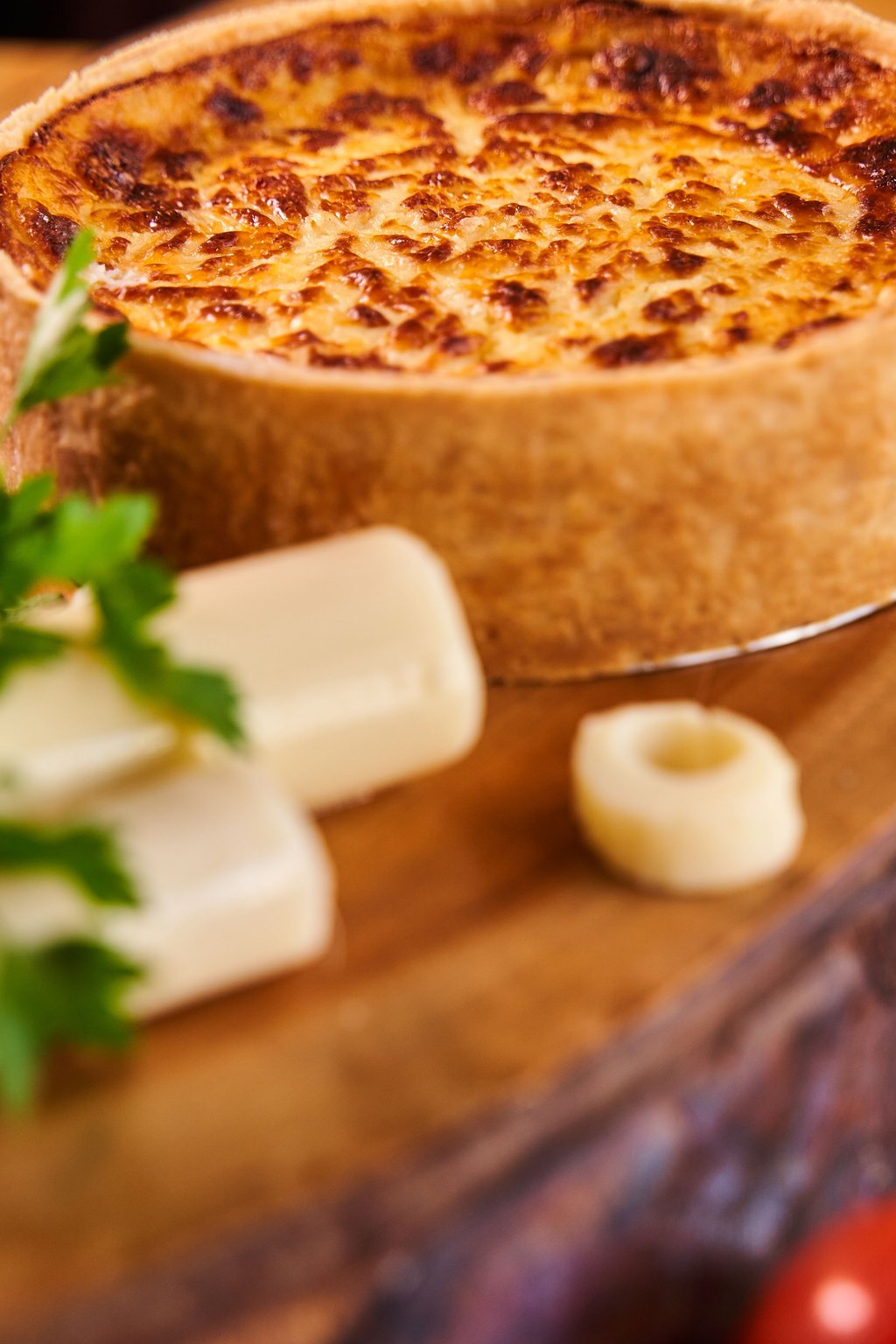 Close up of ham and swiss quiche