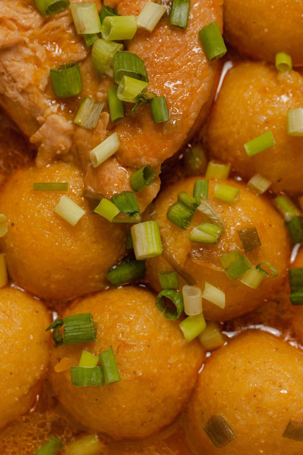 Close up of slow cooker chicken and dumplings