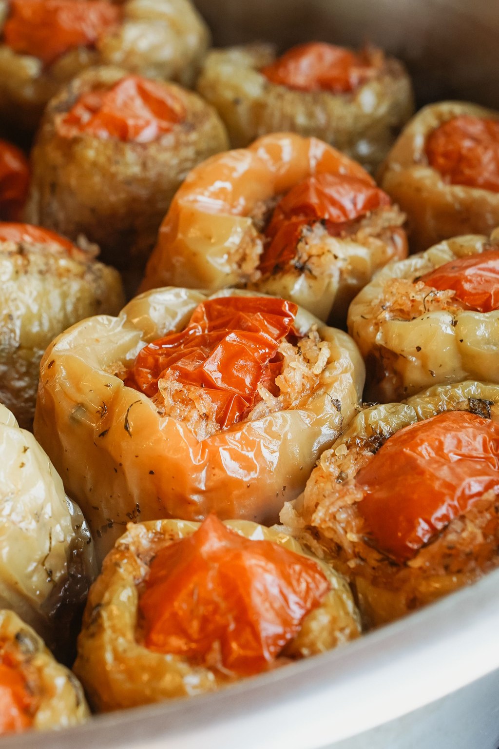 Close up of slow cooker stuffed peppers