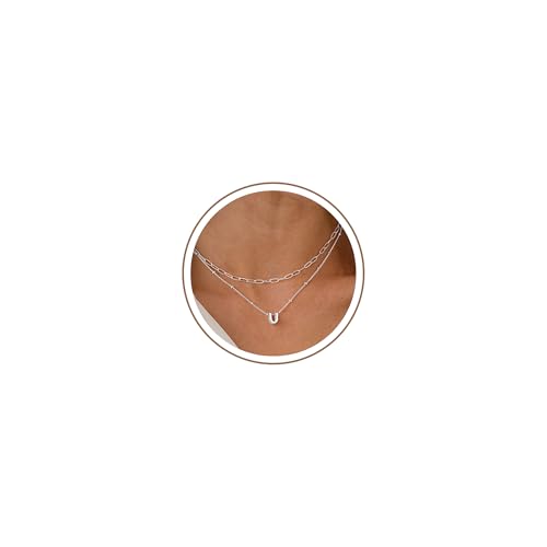 Turandoss Silver Initial Necklaces for Women Trendy - Dainty Tiny Layered Letter U Initial Small Choker Necklaces for Women, Personalized Paperclip Chain Chunky Silver Necklace Jewelry Gifts