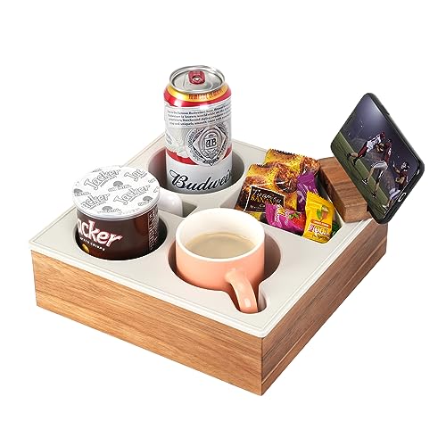 Hitseon Couch Cup Holder Tray, Handy Soft Silicone Acacia Wooden Couch Caddy for Bed Car Seat Beach Organizer, Waterproof Anti-Spill Sofa Cup Holder for Snacks Beverage Remote (White)