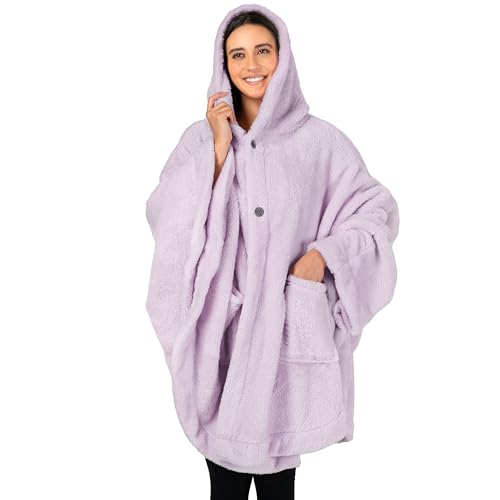 PAVILIA Angel Wrap Hooded Blanket Poncho, Wearable Blanket Throw Wrap Poncho for Women Adult, Cozy Fluffy Sherpa Fleece Shawl Cape with Hood pockets, Warm Gift for Mom Wife, Lavender Purple
