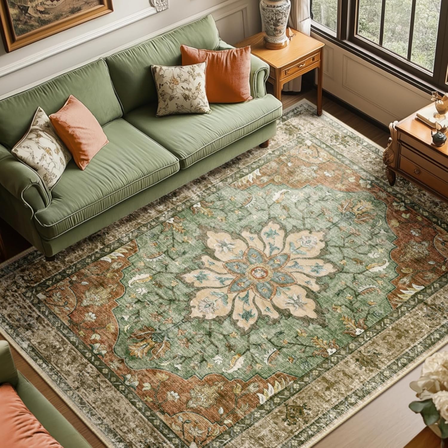 RELEANY 8x10 Washable Vintage Floral Medallion Area Rug