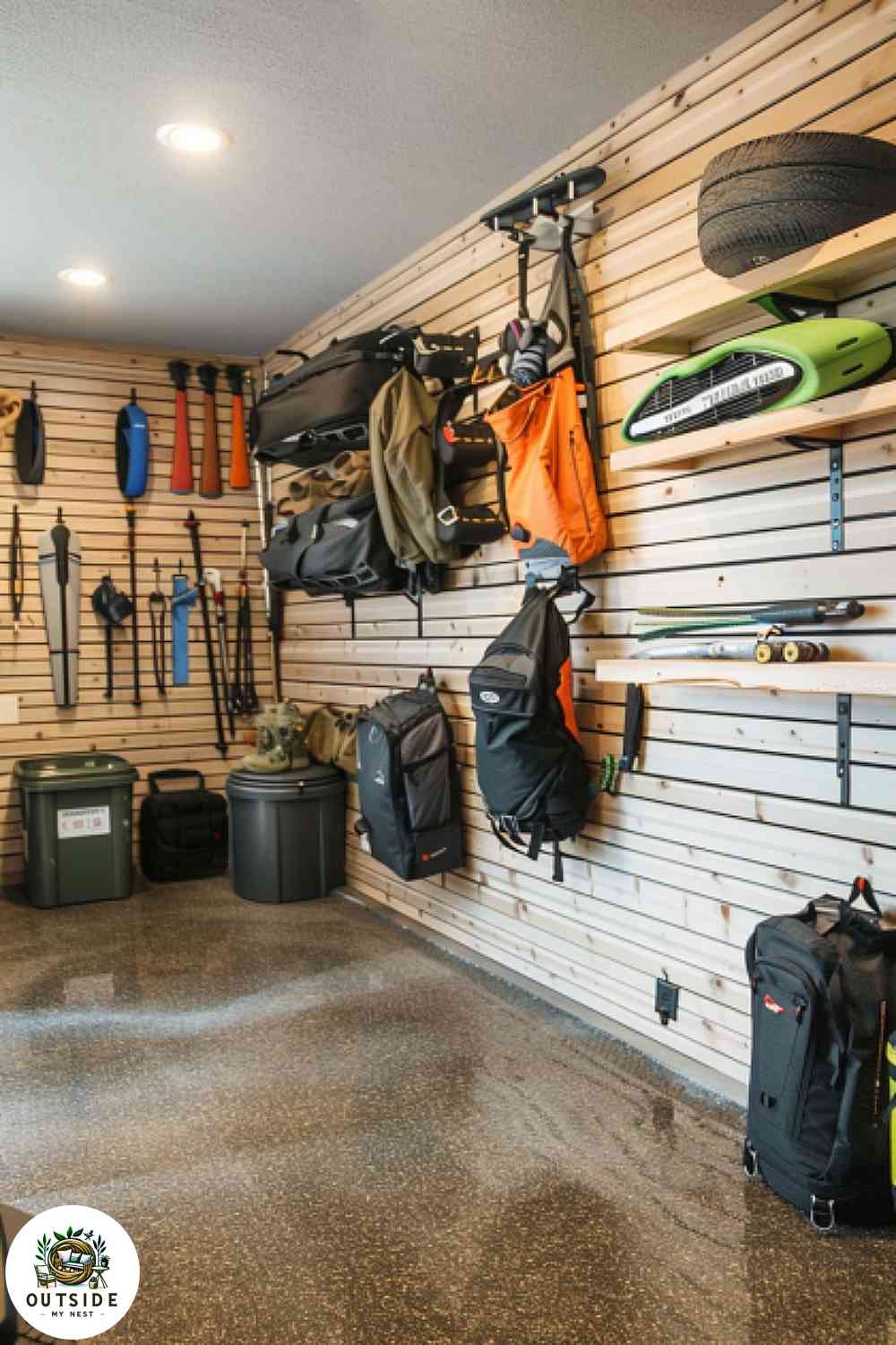 Adventure gear storage garage with wall-mounted racks