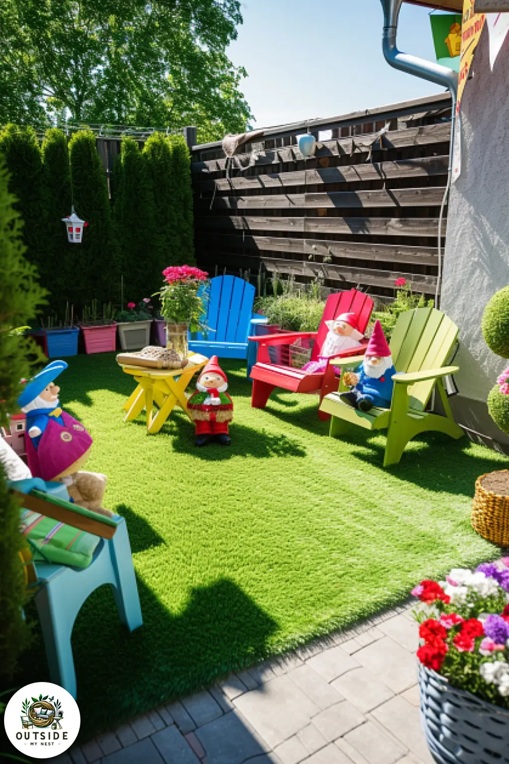Artificial grass on a small patio with colorful furniture.