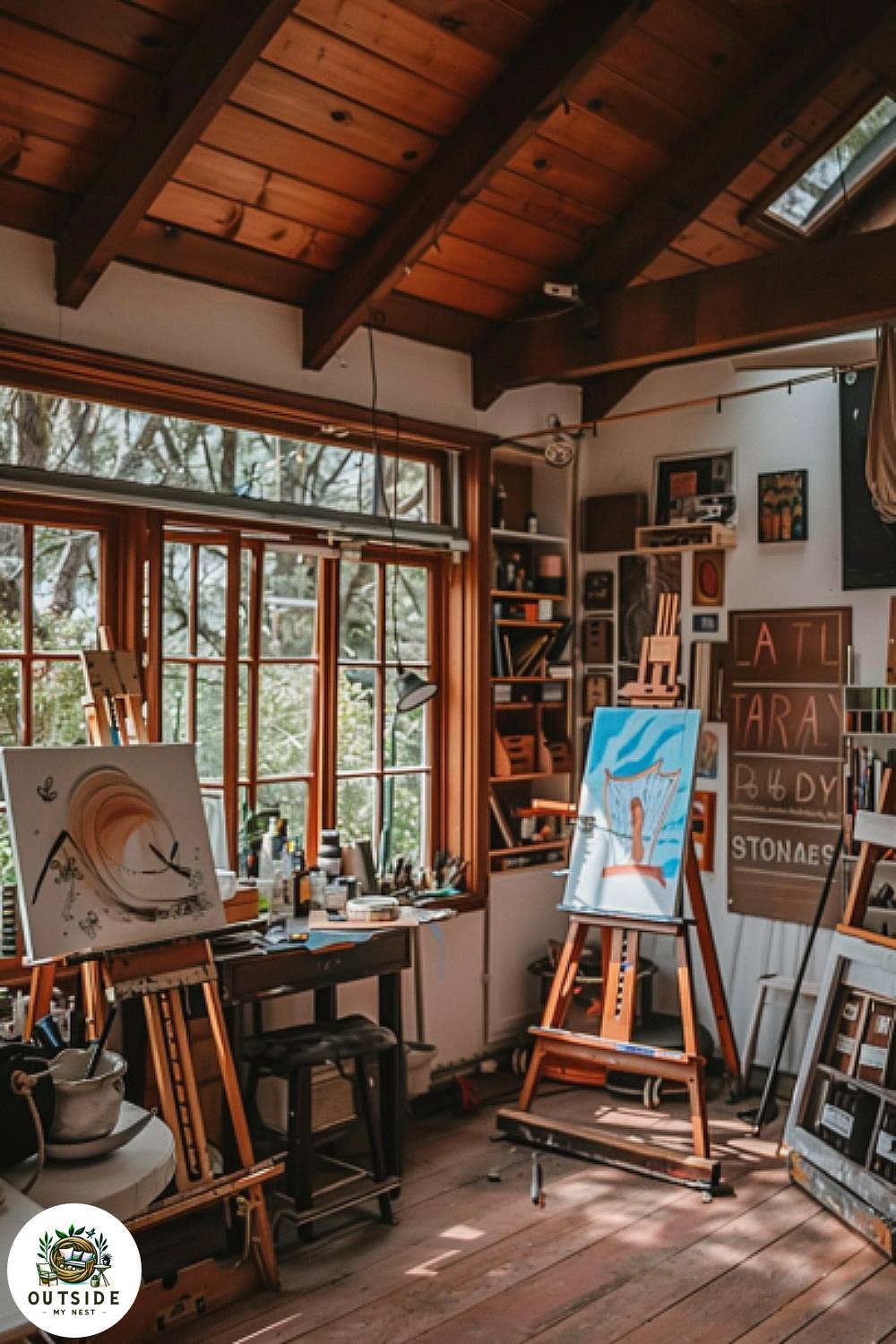 Artist's studio she shed with inspirational decor