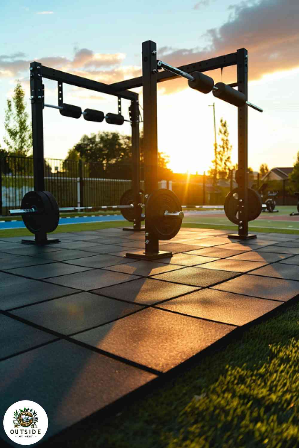 Athletic training spot with rubber tiles over grass