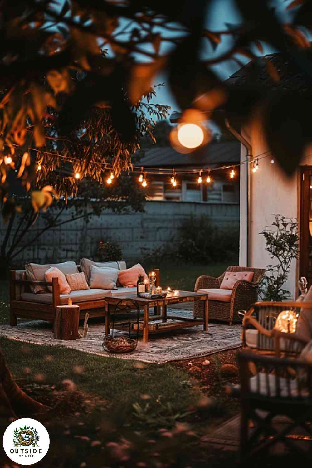 Cozy backyard with bistro lights
