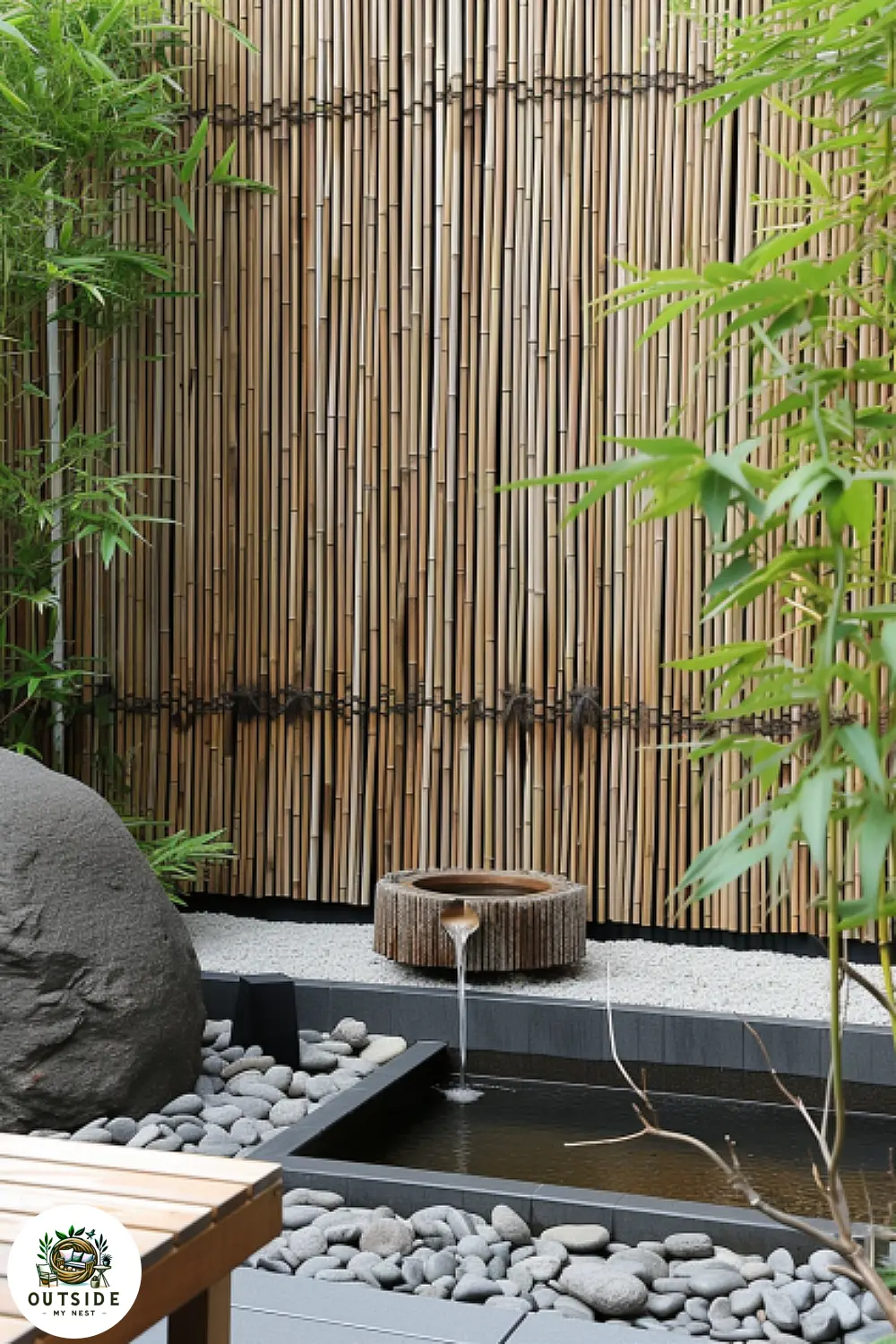 Bamboo wall panel on a small patio