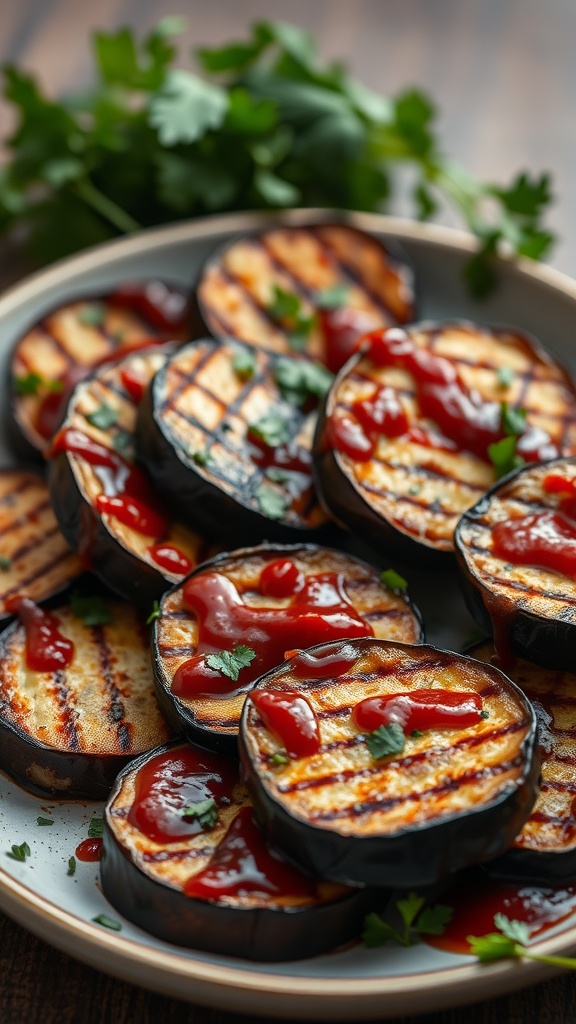 Plate of grilled BBQ eggplant slices garnished with sauce