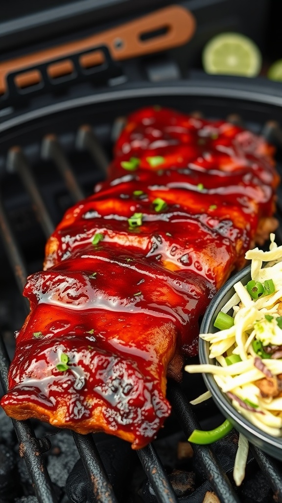 Delicious BBQ tempeh ribs on the grill with a side of slaw.