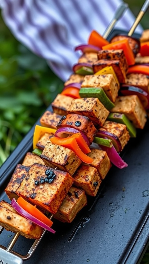 BBQ tempeh skewers with colorful vegetables.