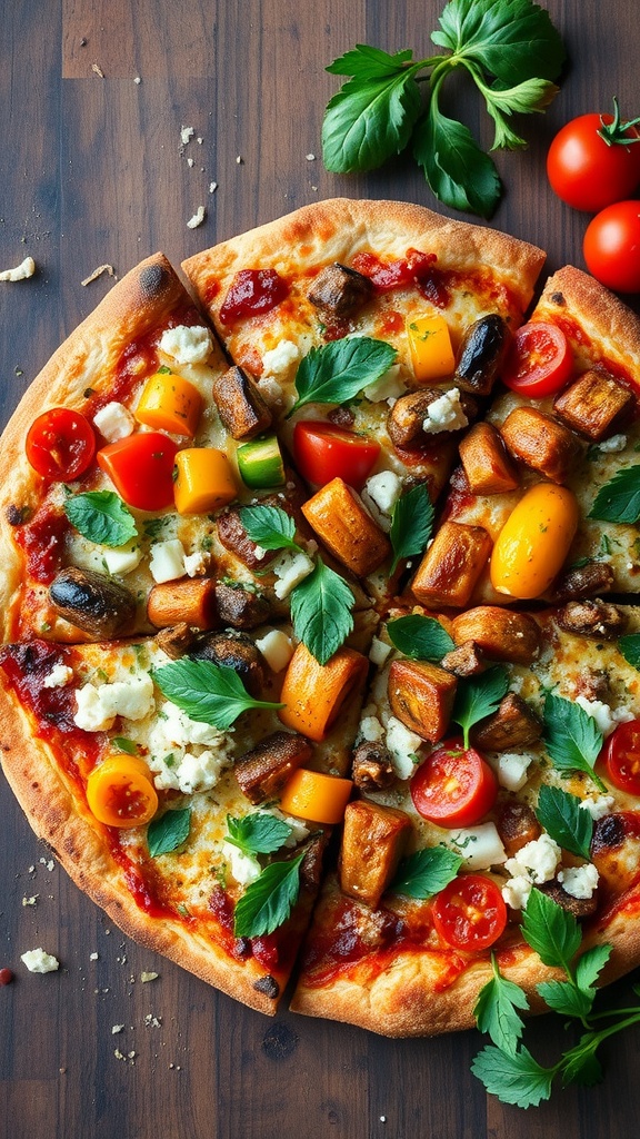 A delicious BBQ Veggie Pizza topped with colorful vegetables and fresh herbs.