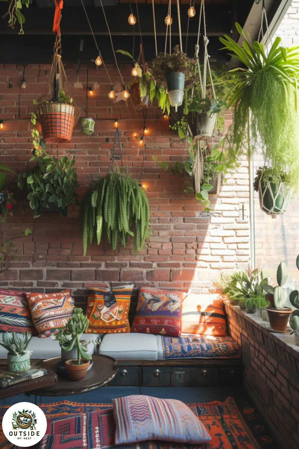 Bohemian brick patio wall with hanging plants and eclectic decor, string lights, and colorful cushions in a relaxed setting.
