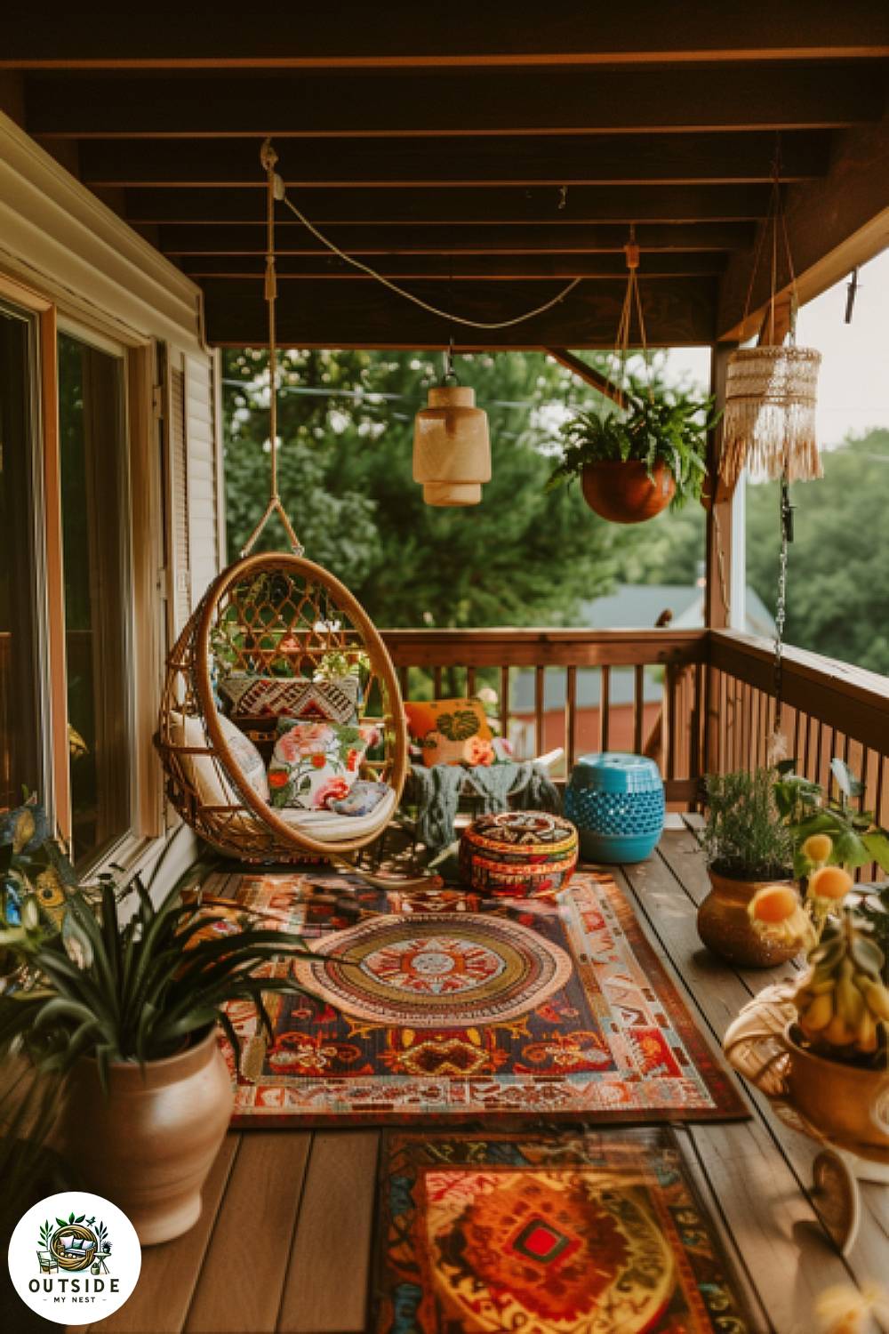 Bohemian chic back porch with vibrant textiles and hanging plants.
