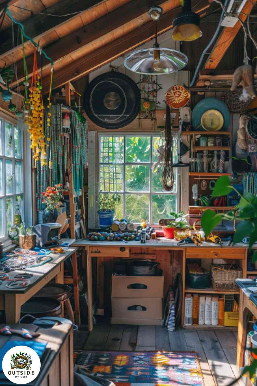 Boho beadwork studio she shed with bead organizers and colorful threads