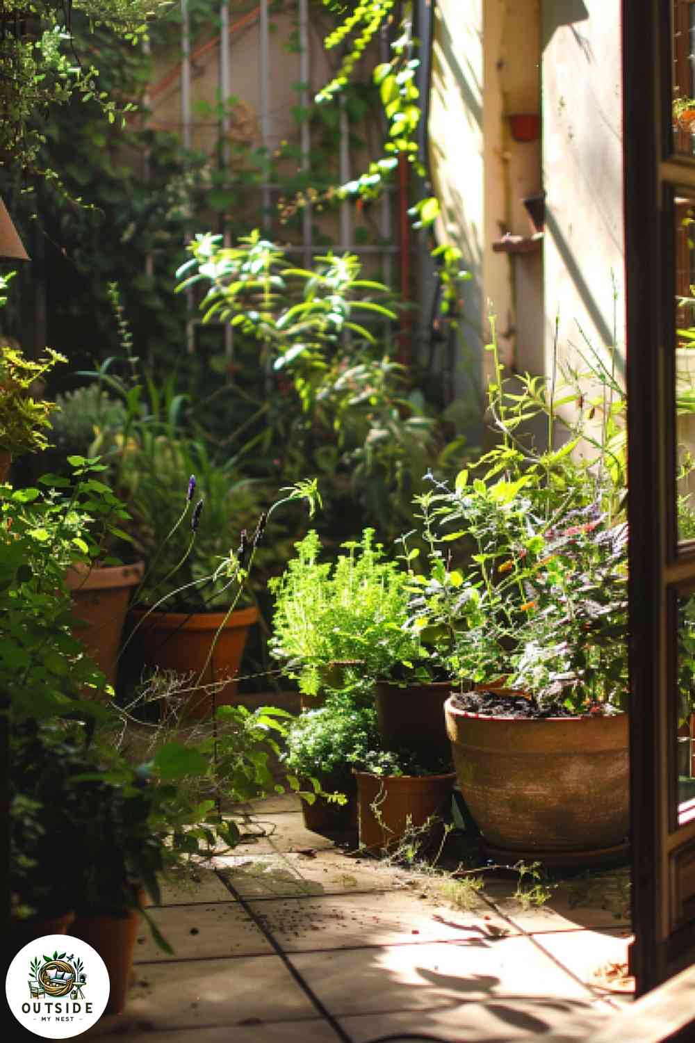 Small patio with a boho chic herb garden and potted herbs.