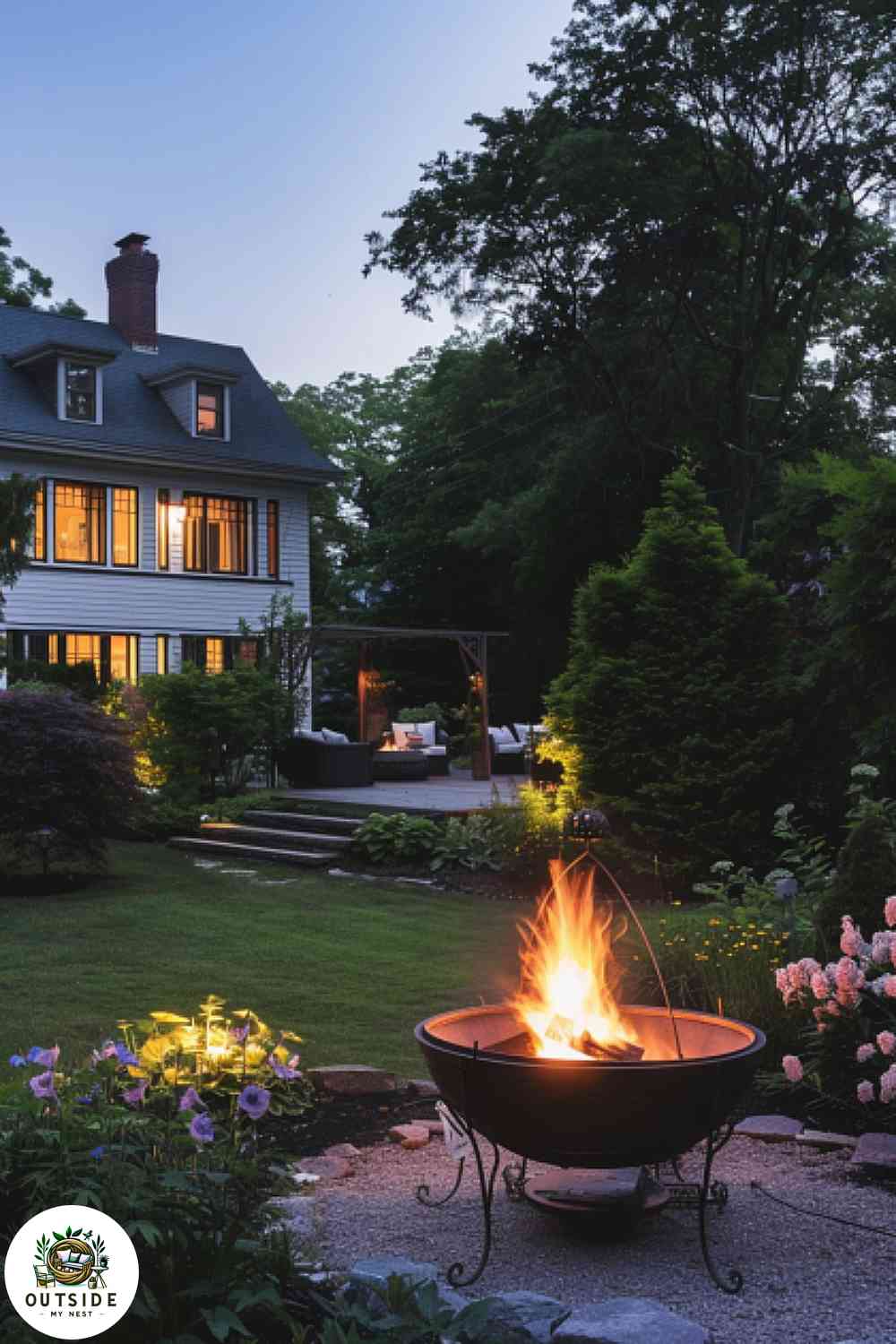 Cast iron fire pit in a traditional garden