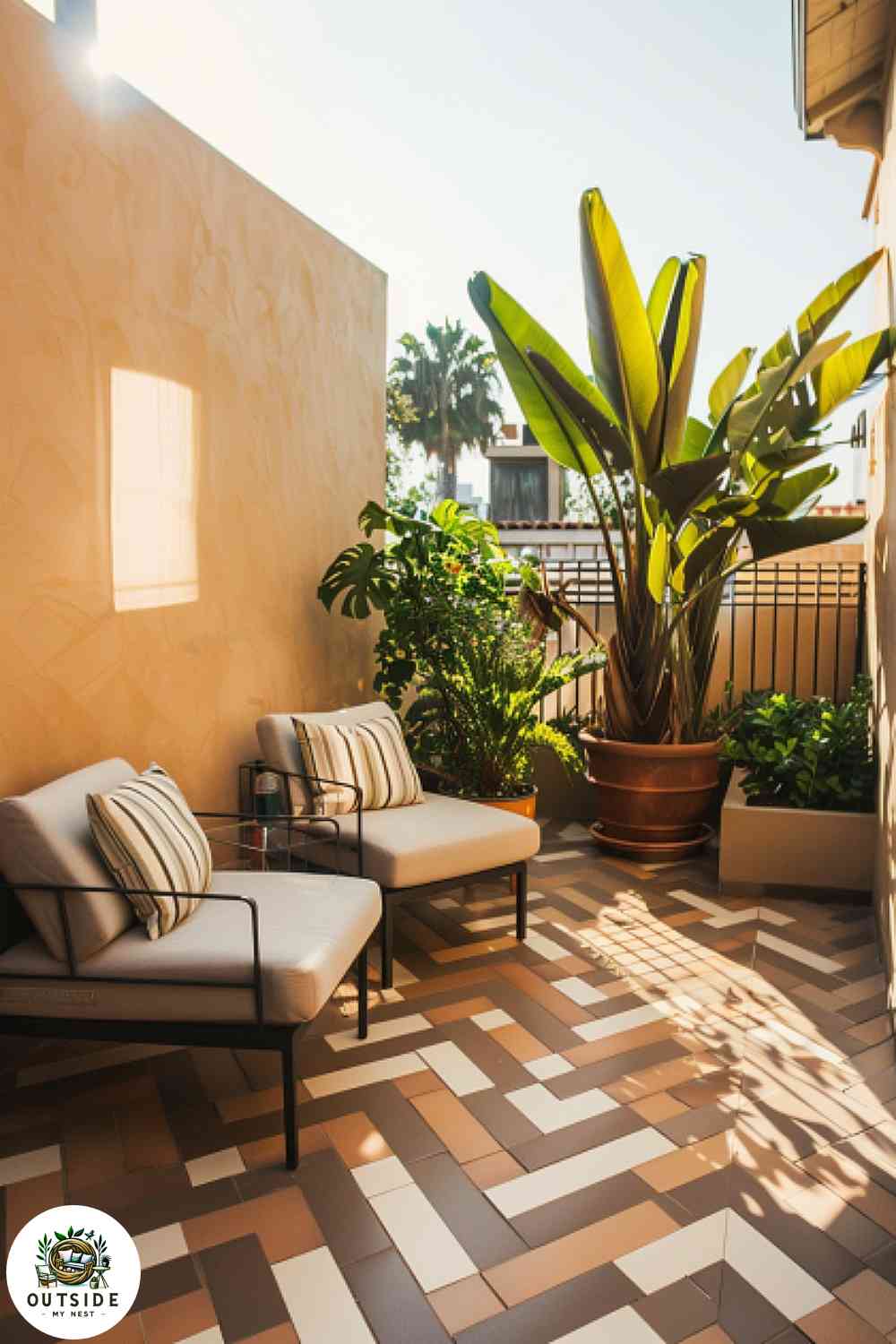 Chevron pattern tiles on small patio with earth tones and modern furniture