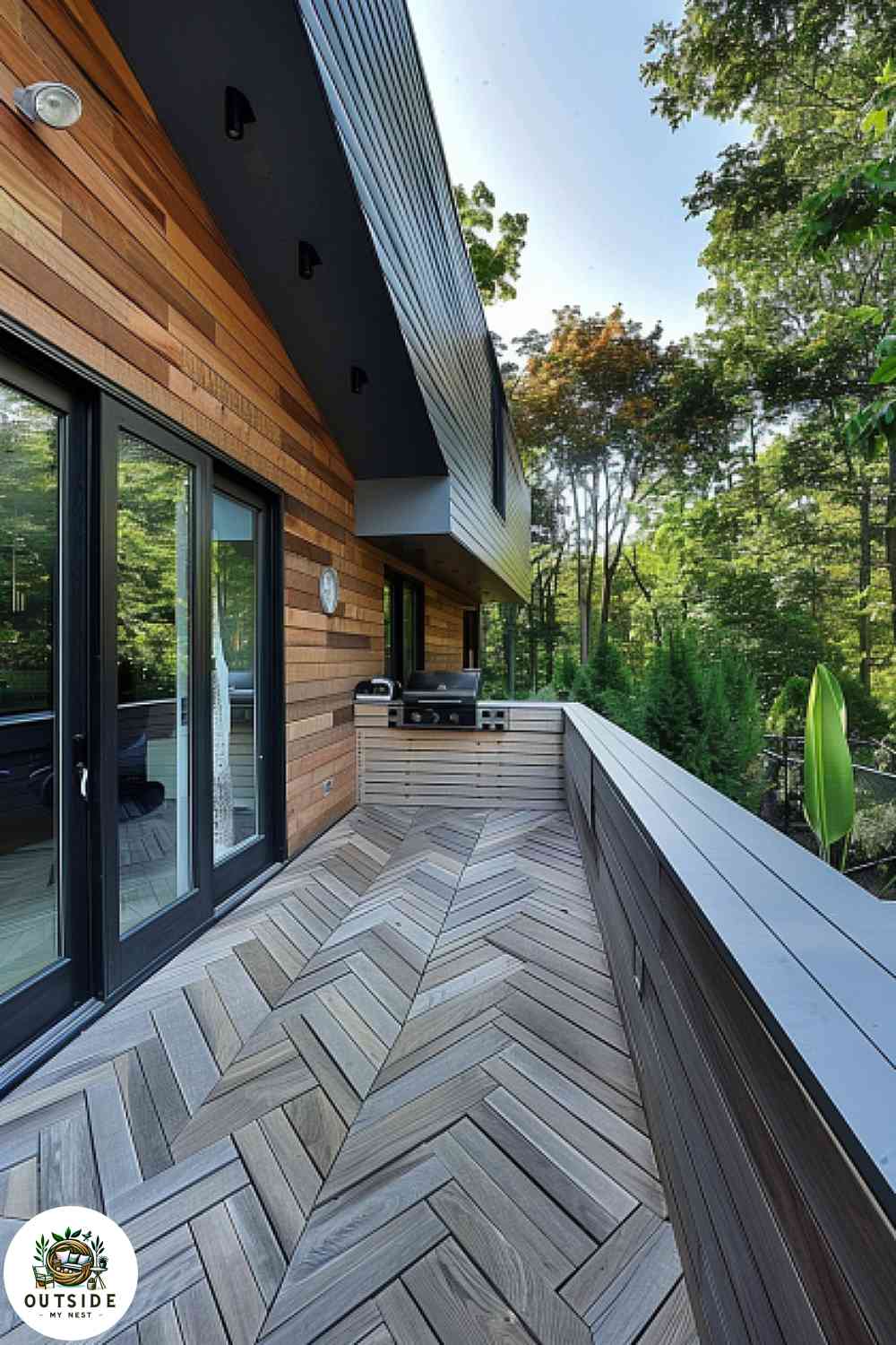 Wooden deck skirting with chevron pattern