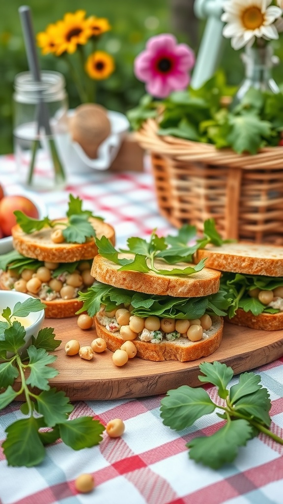 Chickpea salad sandwiches on a picnic table