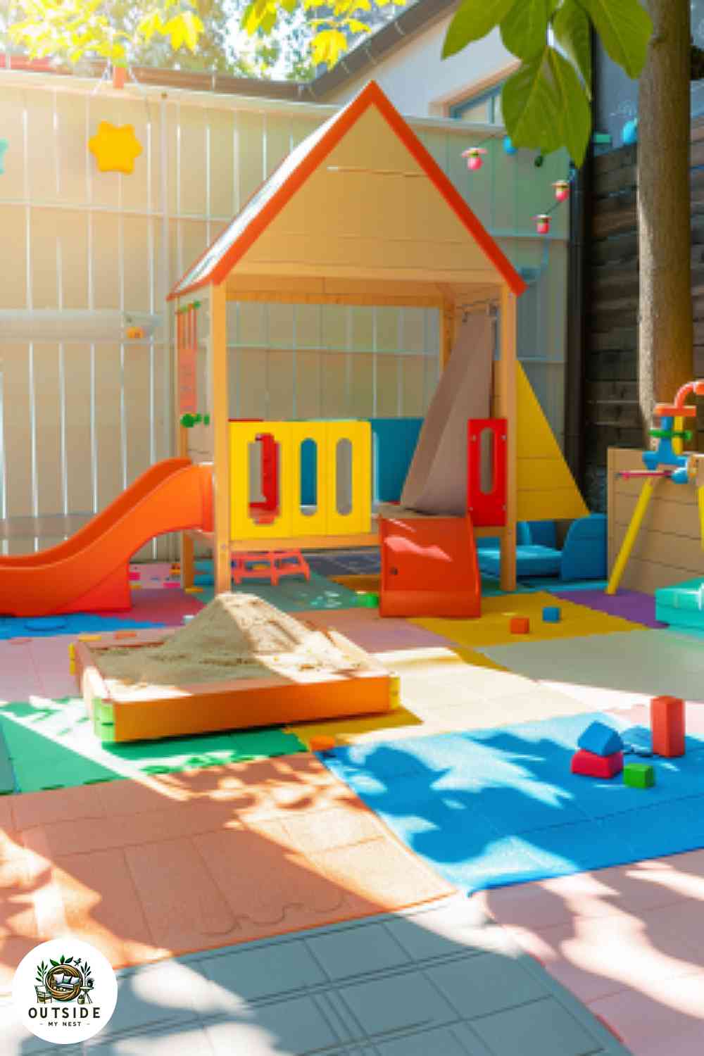 Children's paradise patio with beige rubber tiles