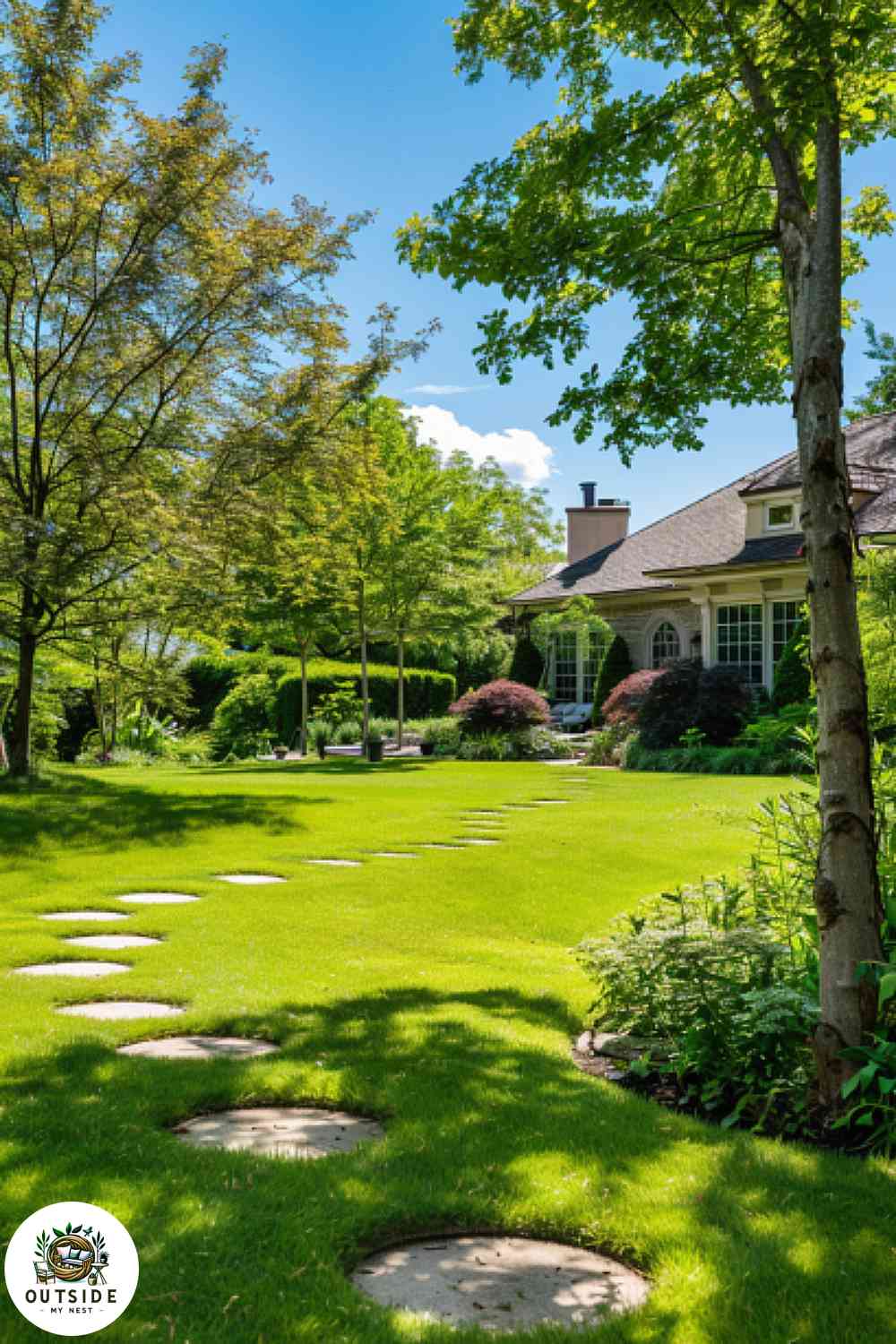 Classic round stepping stones on lawn
