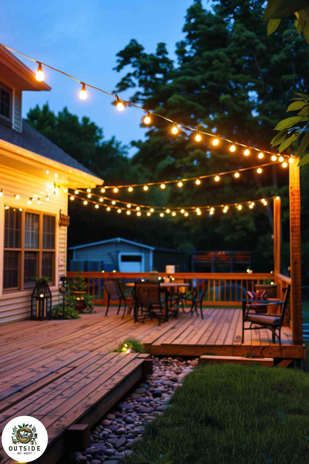 Backyard garden with classic string lights