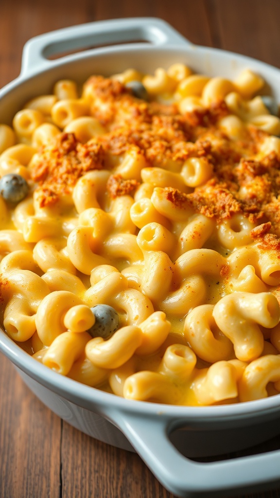 A creamy macaroni and cheese bake topped with breadcrumbs.