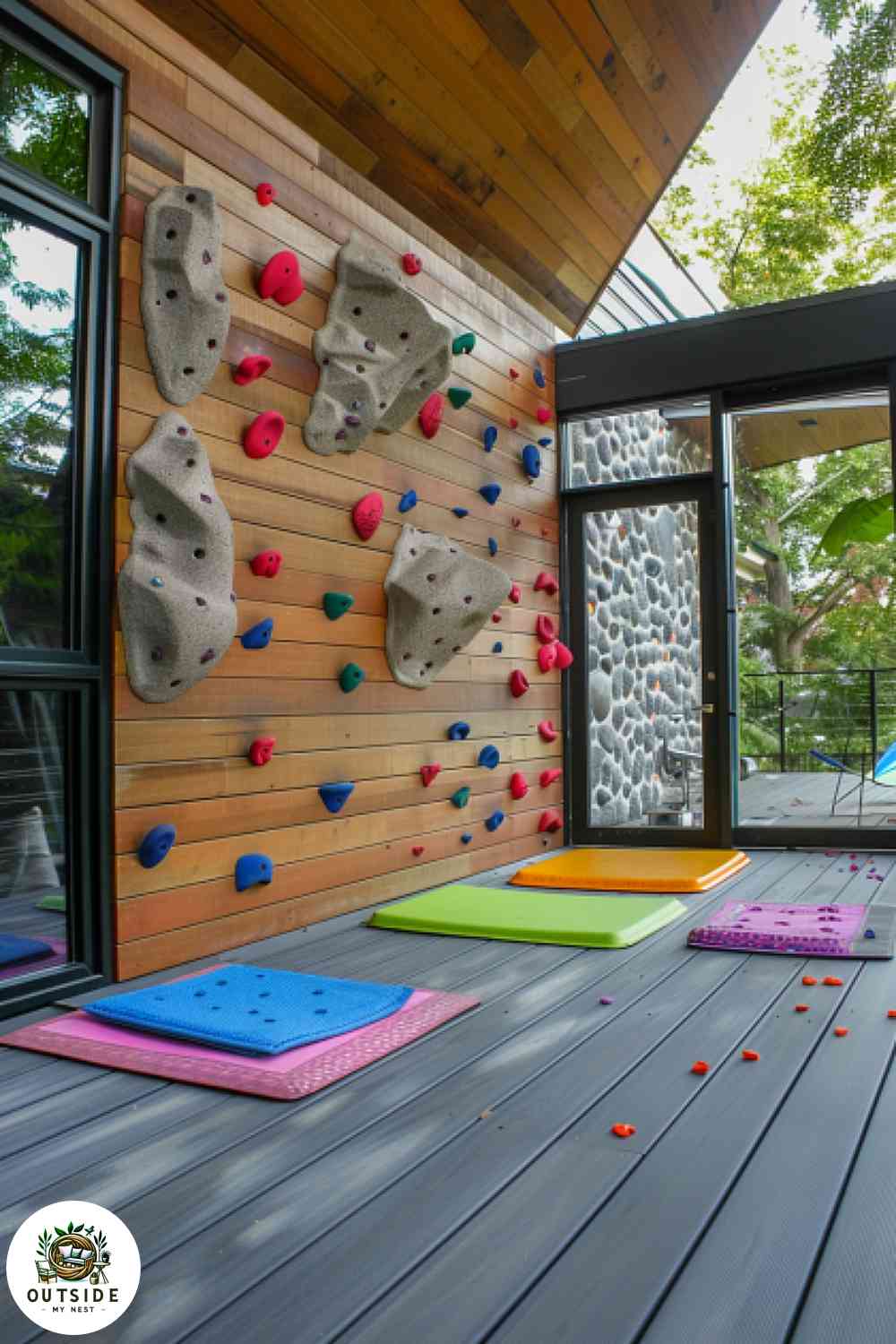 Climbing wall feature on a home deck.
